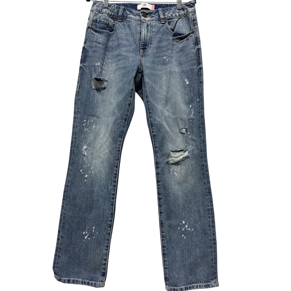 Cabi Jeans Denim Pants Womens 4 Blue Distressed Paint Splatter Straight Leg‎